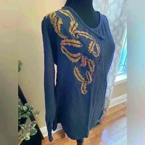 Soft Surroundings Lagenlook Blue Long Sleeved Tunic Gold Embroidery Women’s Sz M - Picture 10 of 12